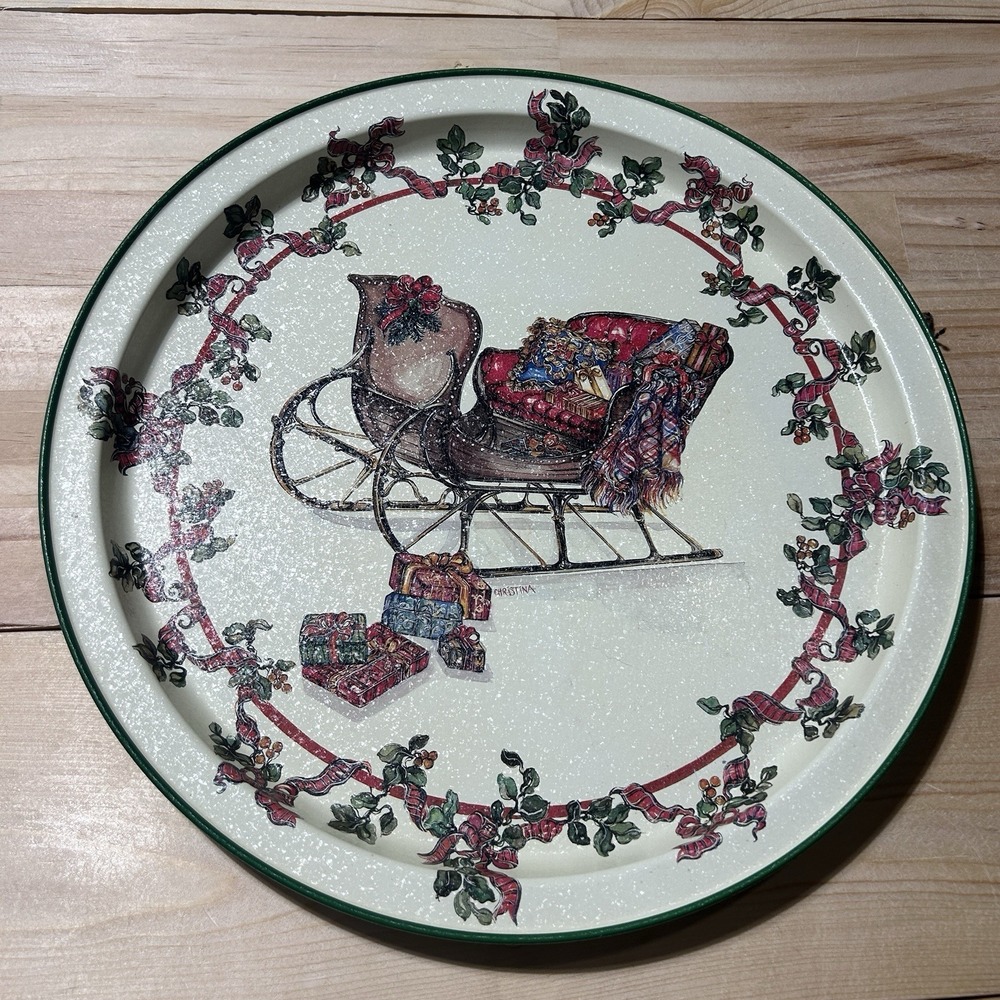 Vtg 1992 Potpourri Press Holiday Metal Round Tray Sleigh Holly‎ Gifts Christmas